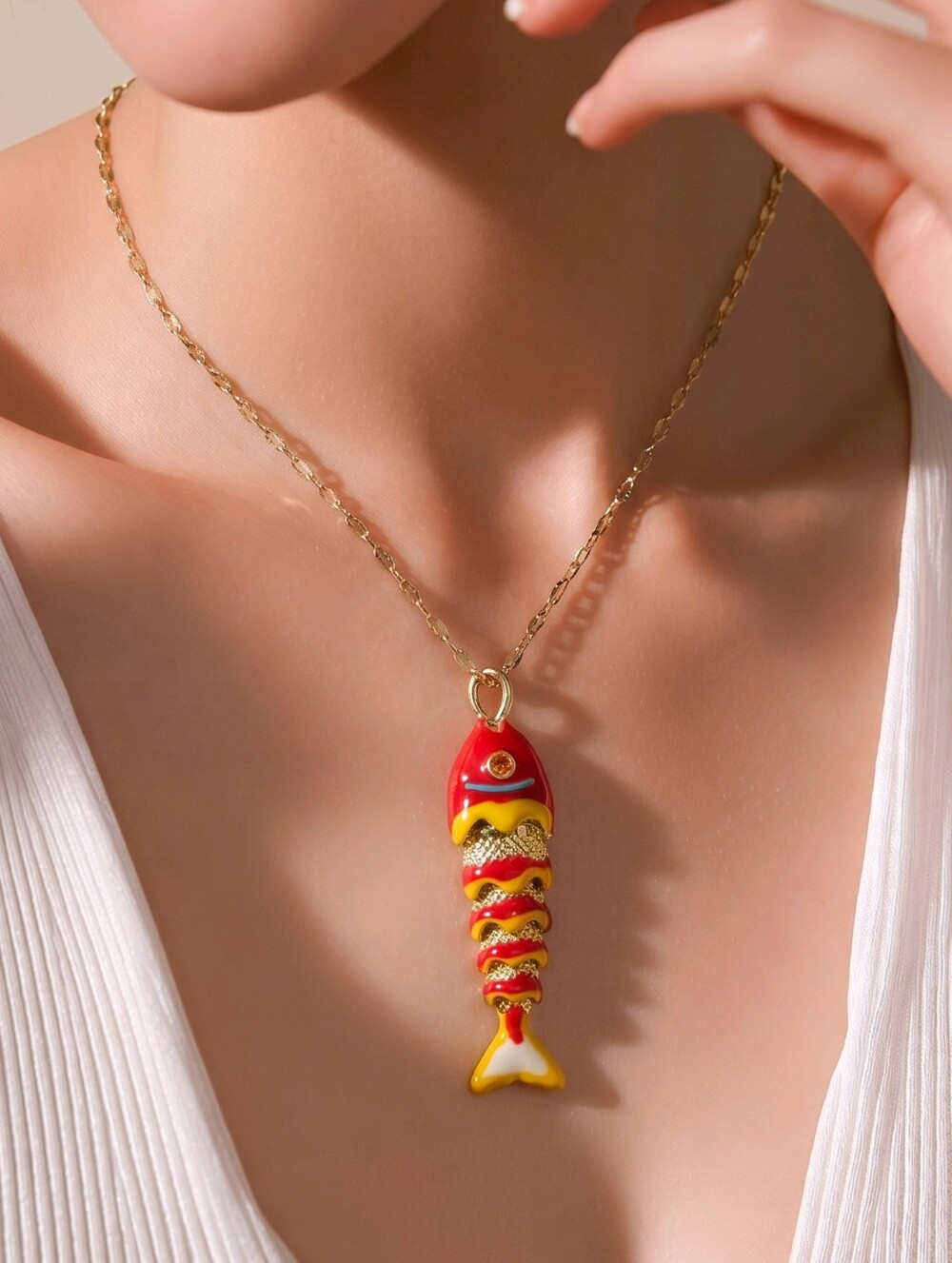 Red Koi Fish Necklace Enamel Gold Pendant Lucky Charm Jewelry Coastal Whimsy